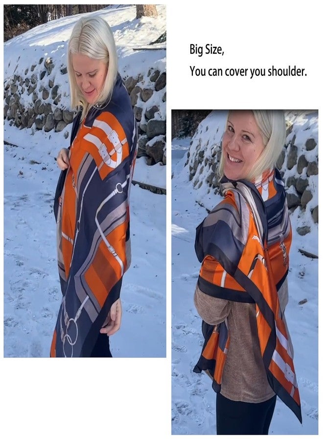 Aufeel Fashion Scarves 100% Satin Silk Scarf Long Lightweight Sunscreen Shawls Wraps for Women Hair Scarves (Orange Blue) - Image 2